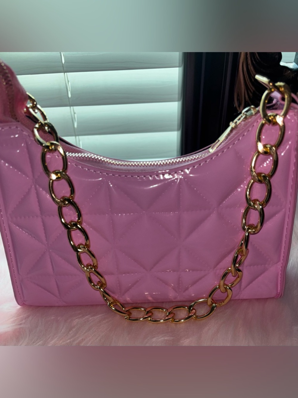 Pink Quilted Patent Shoulder Bag with Gold Chain - Picture 2 of 4